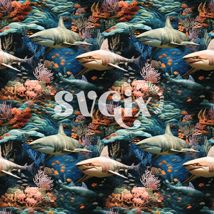 Under Water Sharks 3d Quilt Seamless Pattern