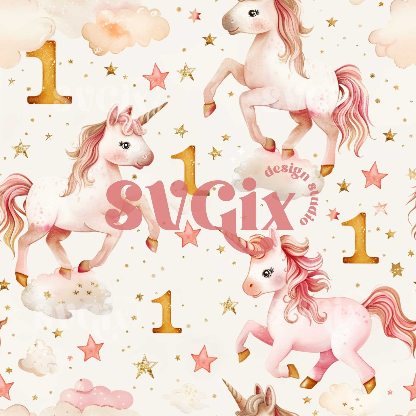 1st Birthday Unicorns Seamless Pattern