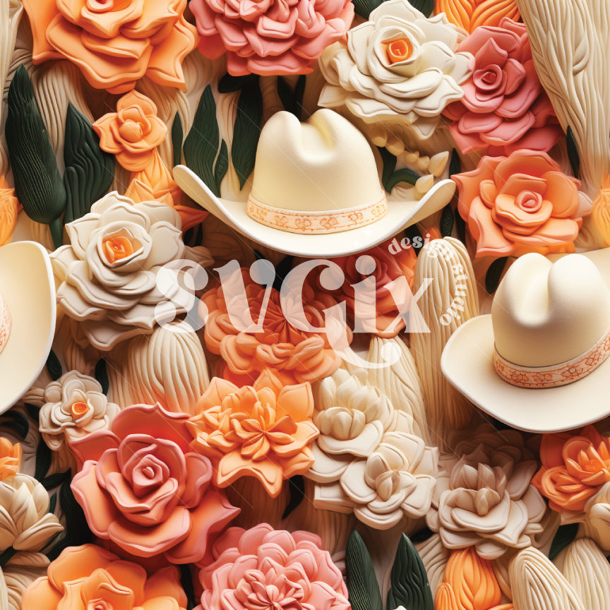 3D Floral Western Hats Seamless Pattern by SVGix