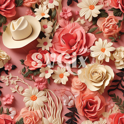 Floral Western Hats 3D Seamless Pattern