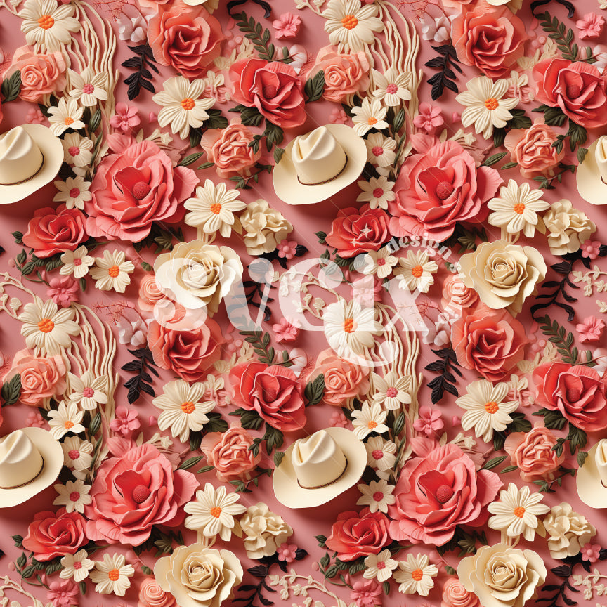 Floral Western Hats 3D Seamless Pattern