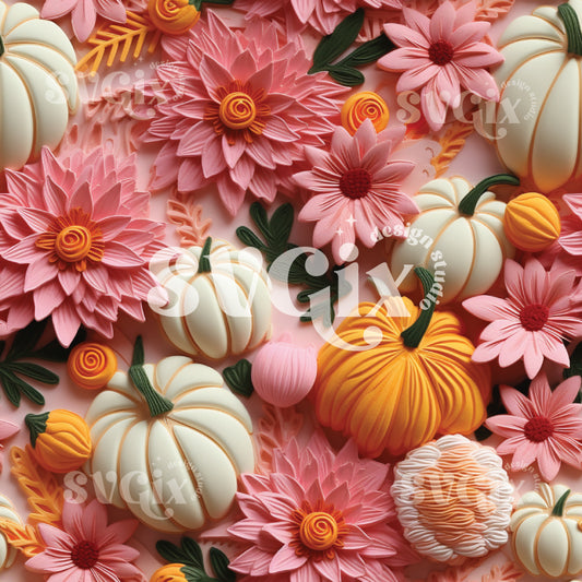 3D Floral Pumpkins Seamless Pattern