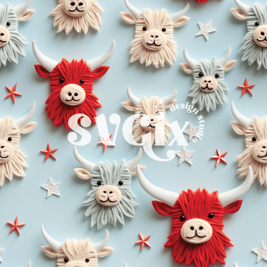 4th of July Highland Cows Seamless Pattern