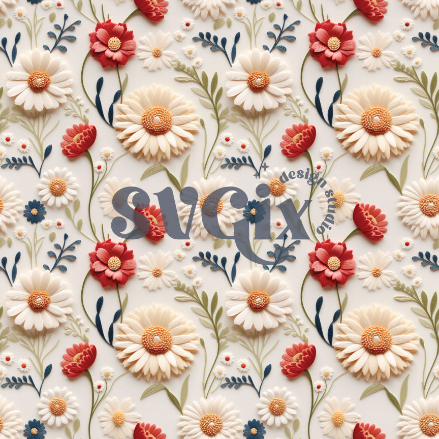 4th of July White Daises Floral Seamless Pattern