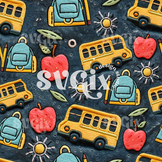 Back to School Apples and Buses Embroidery Seamless Pattern