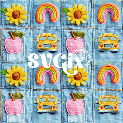 Back to School Denim Patchwork Embroidery Seamless Pattern