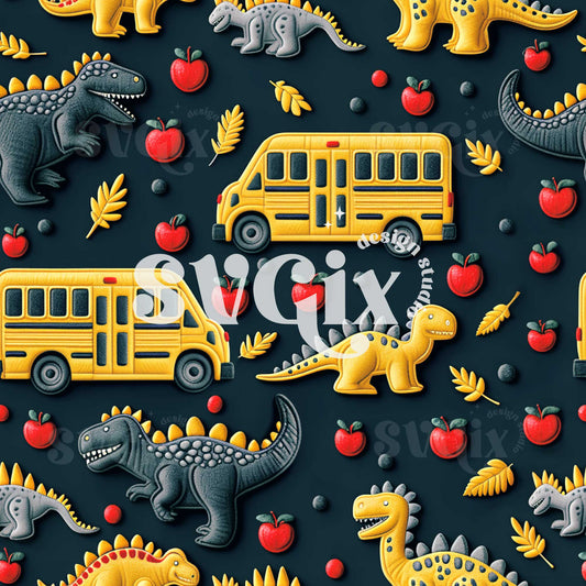 Back to School Dinosaurs Embroidery Seamless Pattern