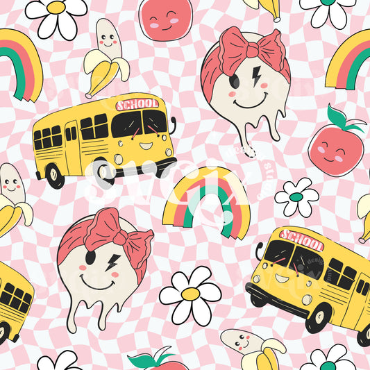 Back School Bus Pink Checkers Seamless Pattern