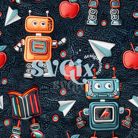 Back to School Robots Embroidery Seamless Pattern