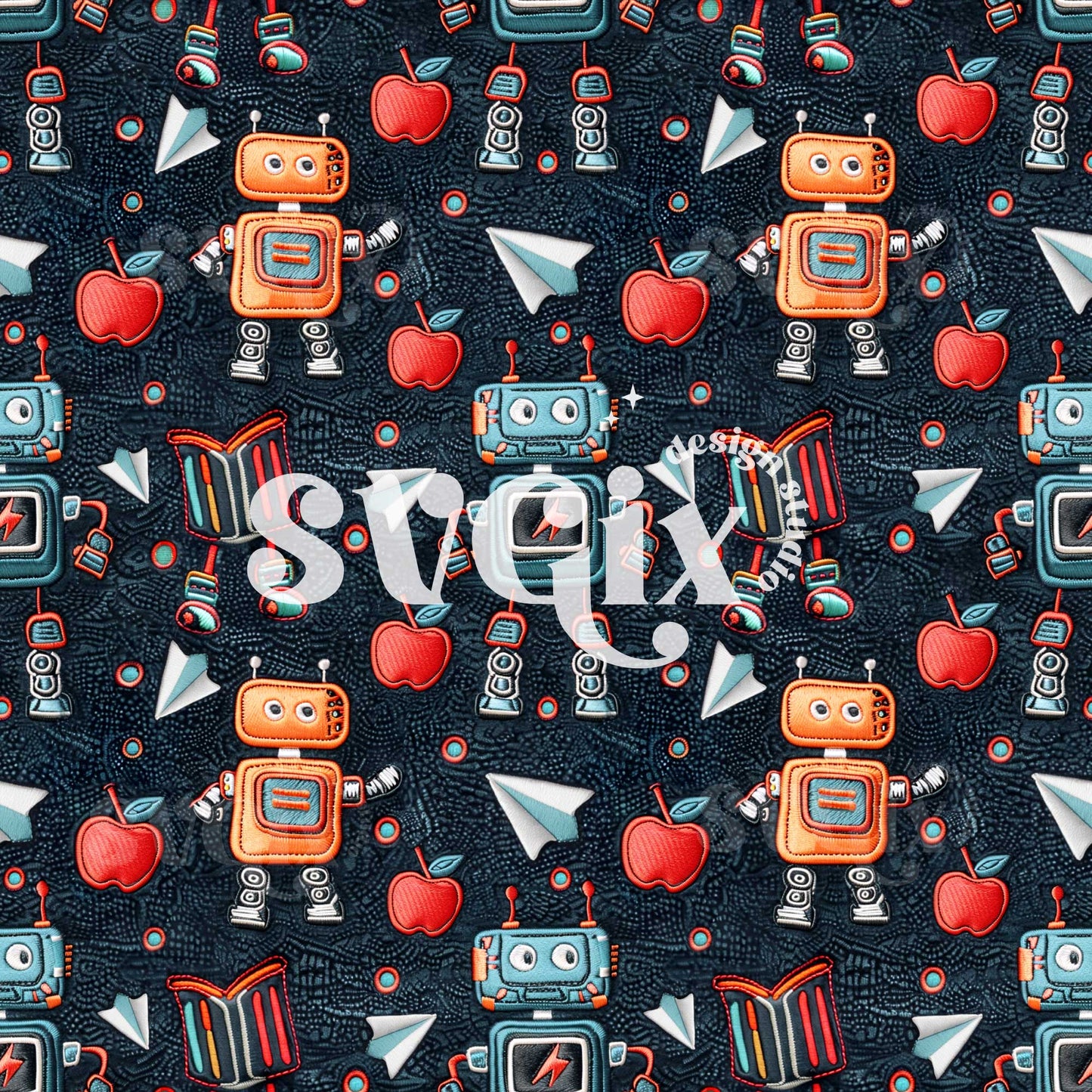Back to School Robots Embroidery Seamless Pattern