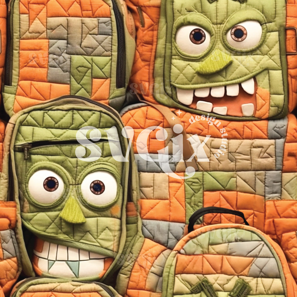 Backpack Monsters Seamless Pattern