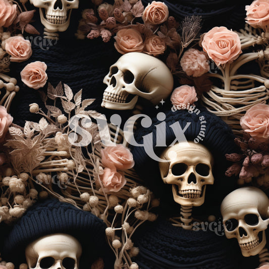 Black and Blush Skeletons Floral Seamless Pattern