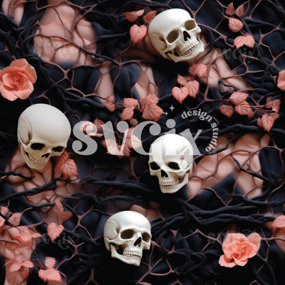 Black & Salmon Halloween Skulls Seamless Pattern