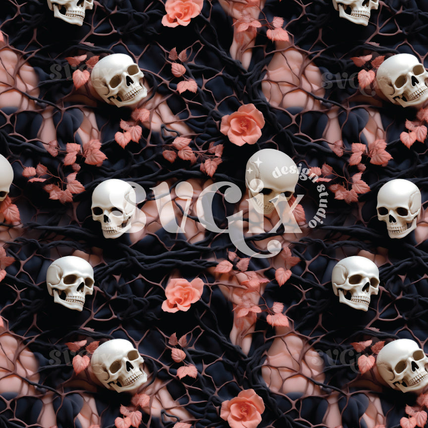 Black & Salmon Halloween Skulls Seamless Pattern