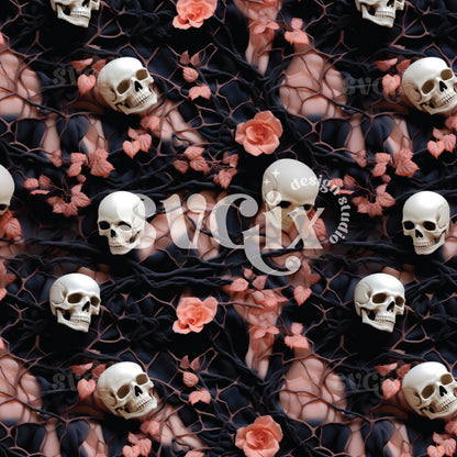 Black & Salmon Halloween Skulls Seamless Pattern