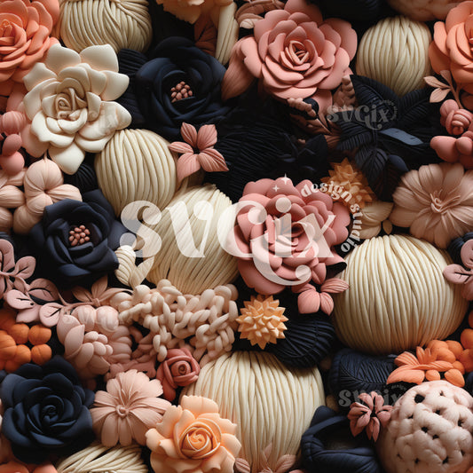 Black and Blush 3D Halloween Floral Seamless Pattern