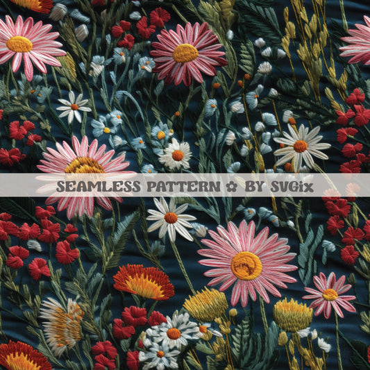 Blue Dark Background Embroidery Wildflowers Seamless