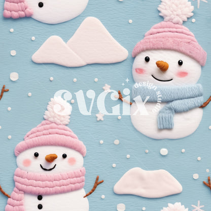 Blue Pink Snowmen Seamless Pattern