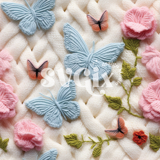 Blush Blue Embroidery Butterflies Seamless Pattern