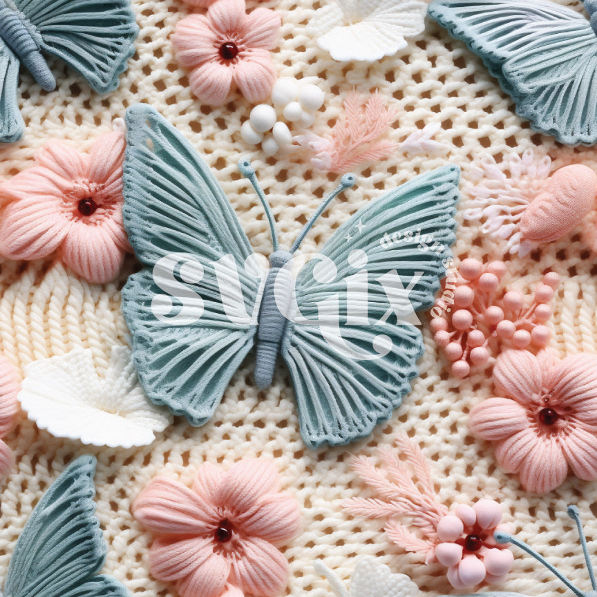 Blush Blue Embroidery Butterlies Seamless Pattern