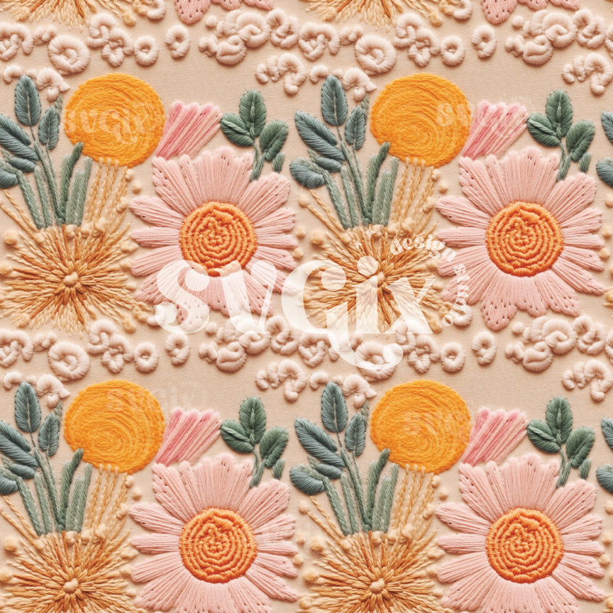 Boho Floral Faux Embroidery Seamless Pattern