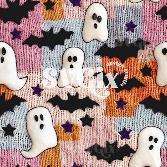 Boo-tiful Patchwork - Ghosts and Bats Knit Seamless Pattern
