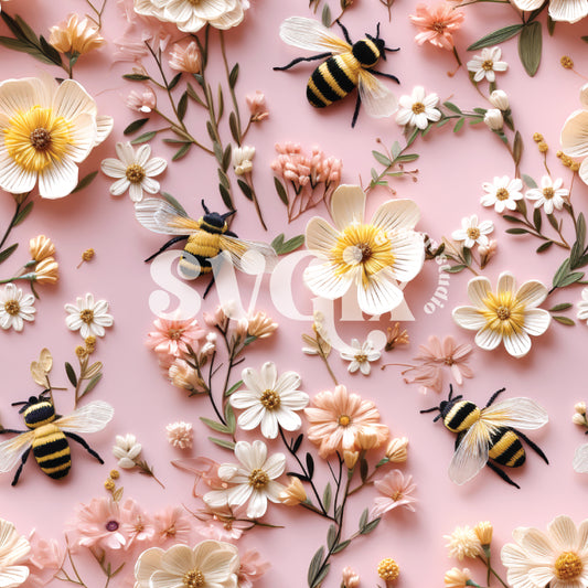 Bumblebees and Beautiful Flowers Seamless Pattern