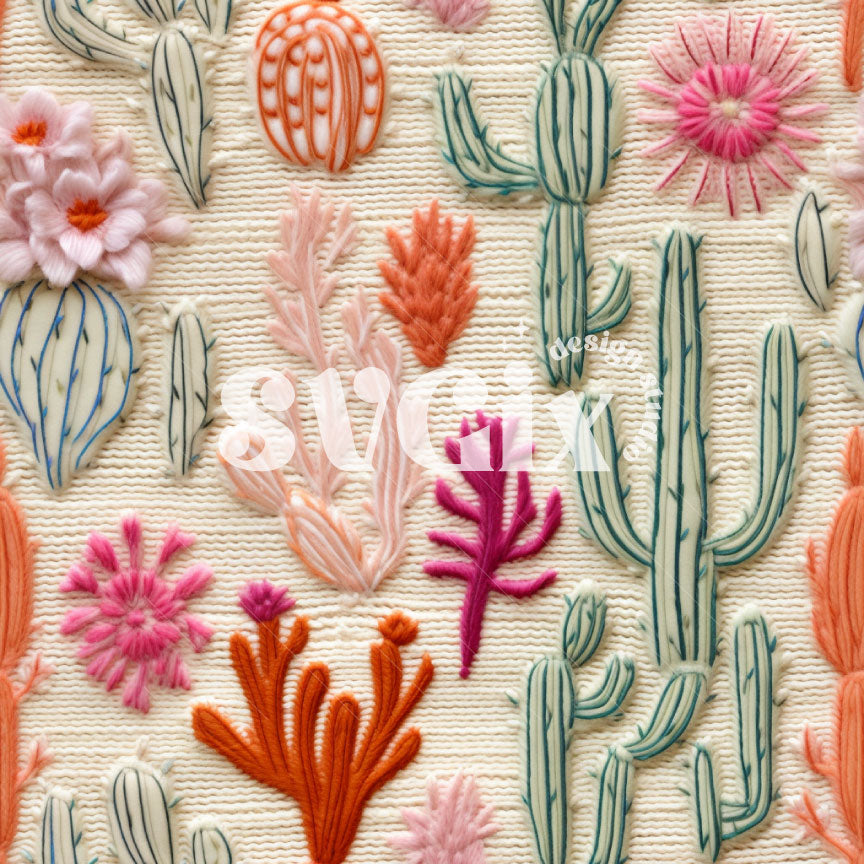 Cactus Floral Embroidery Seamless Pattern