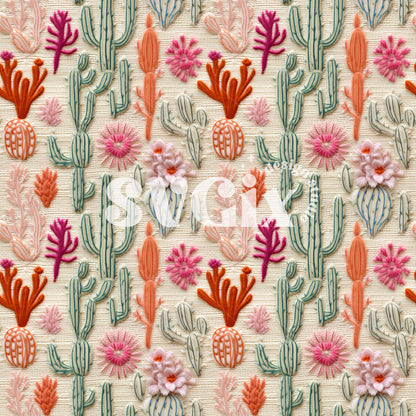 Cactus Floral Embroidery Seamless Pattern