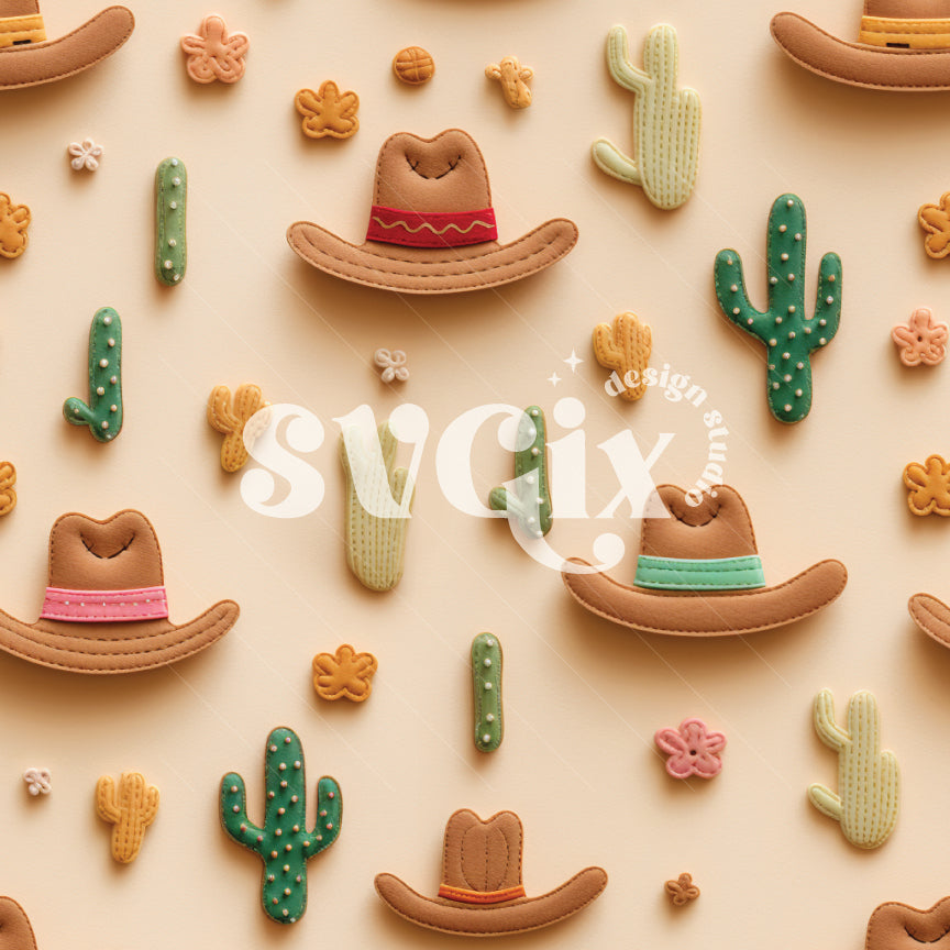 Cactus and Hats Felt Embroidery Seamless Pattern by SVGix