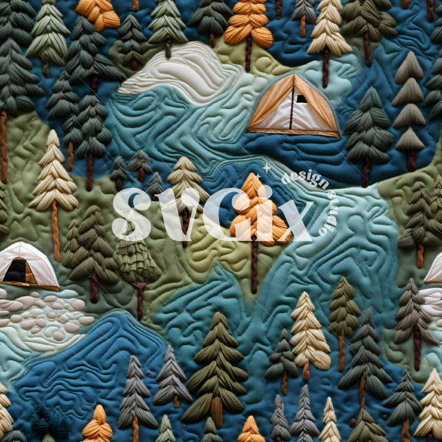 Camping Faux Quilt Seamless Pattern