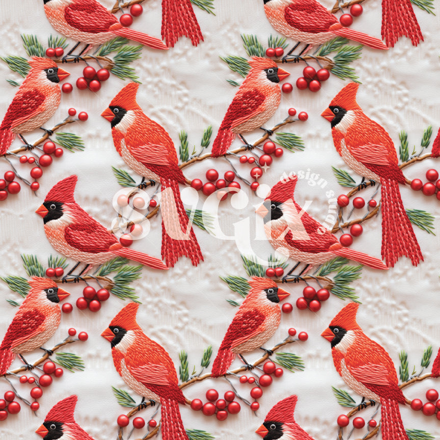 Cardinals on Snow Embroidery Seamless Pattern