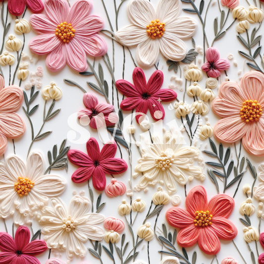 Carmine Dusty Pink Floral Embroidery Seamless Pattern