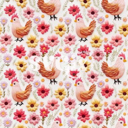 Chickens Floral Seamless Pattern