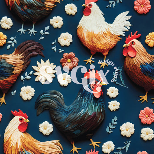 Chickens and Roosters on a Navy Seamless pattern