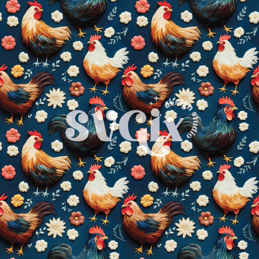 Chickens and Roosters on a Navy Seamless pattern