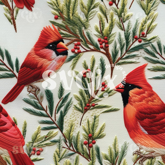 Christmas Cardinals Faux Embroidery Digital Seamless Pattern