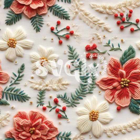 Christmas Flowers Embroidery Seamless Pattern