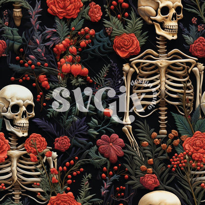 Christmas Floral Skeletons Seamless Pattern