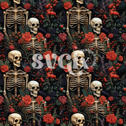 Christmas Floral Skeletons Seamless Pattern