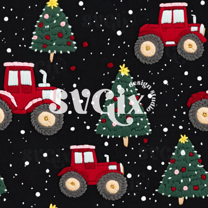 Christmas Tractors Seamless Pattern