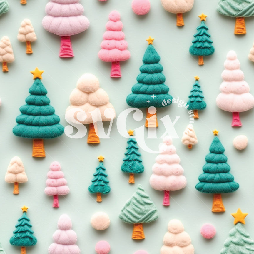 Teal Pink Felt Christmas Trees Seamless Pattern