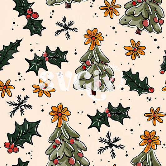 Christmas Trees and Yellow Daises Seamless Pattern