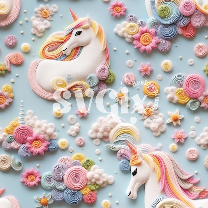 Cloudy Blue 3d Unicorns Seamless Pattern