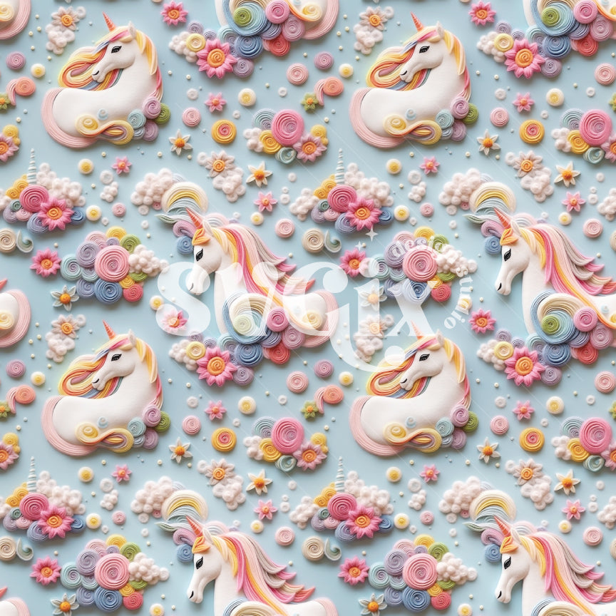 Cloudy Blue 3d Unicorns Seamless Pattern