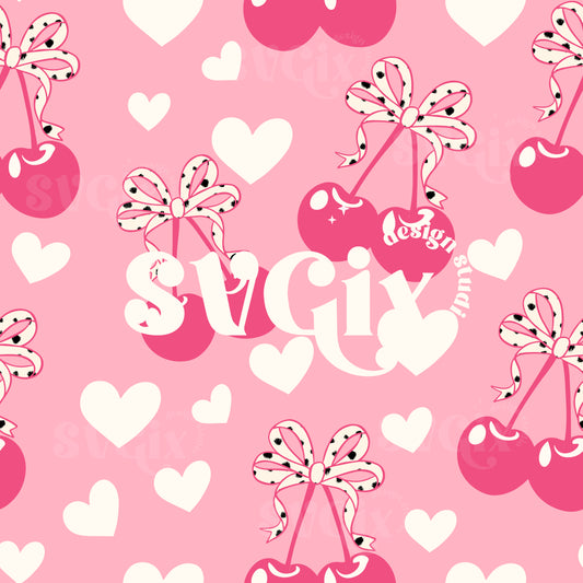 Coquette Cherry Hearts Bows Pink Seamless Pattern