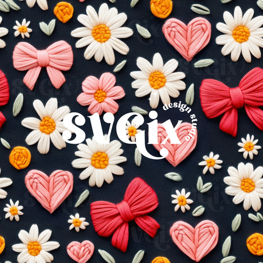 Coquette Vday Seamless Floral Bows Hearts Embroidery Repeating Pattern