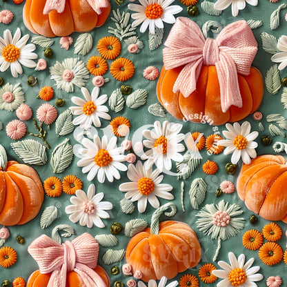 Coquette Pumpkins on Greyish Teal Seamless Pattern