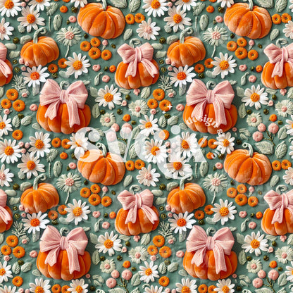 Coquette Pumpkins on Greyish Teal Seamless Pattern