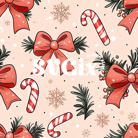 Coquette Christmas Bows Sugar Canes Seamless Pattern